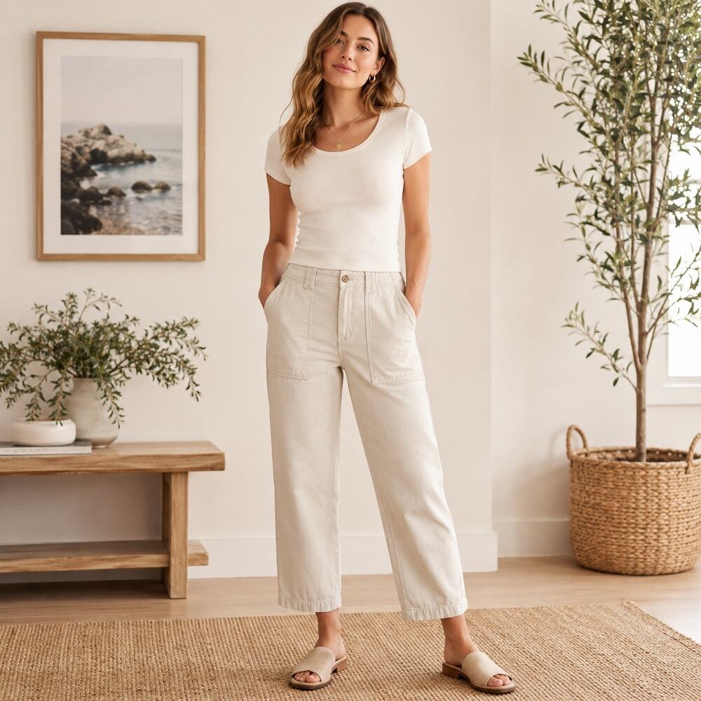 Lucky Brand Women’s Size 2 Cream Utility Pants Cropped 24 Inseam Cotton Lyocell